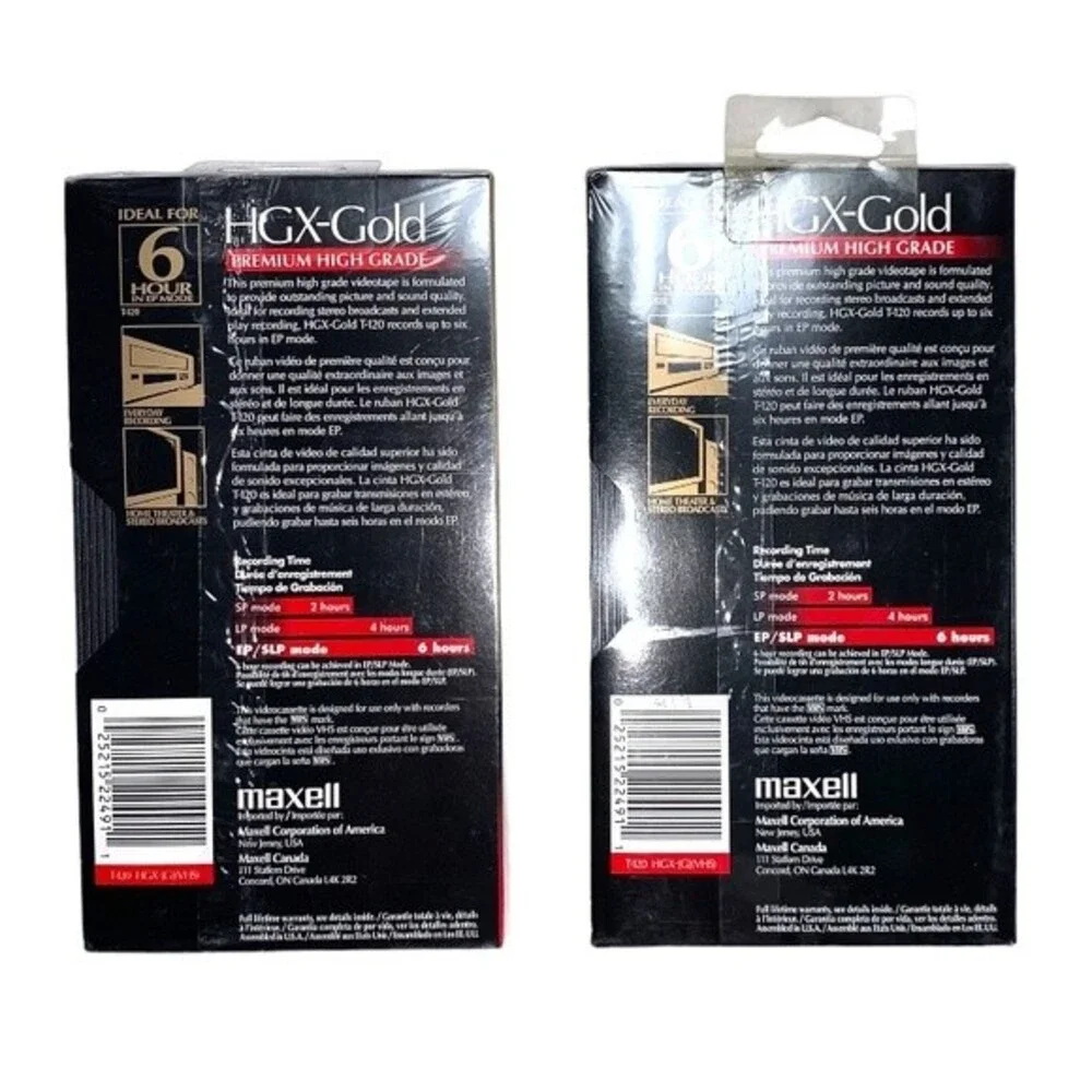 NEW VHS Blank Tape Maxell HGX-Gold T 120 6 Hour Lot of 2 Sealed Cassette